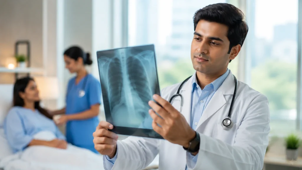 Doctor reviewing X-ray in clinic