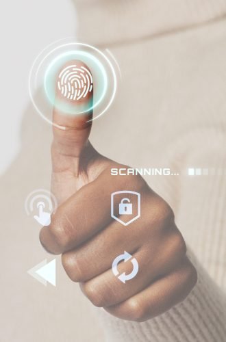 Woman scanning fingerprint with futuristic interface smart techn